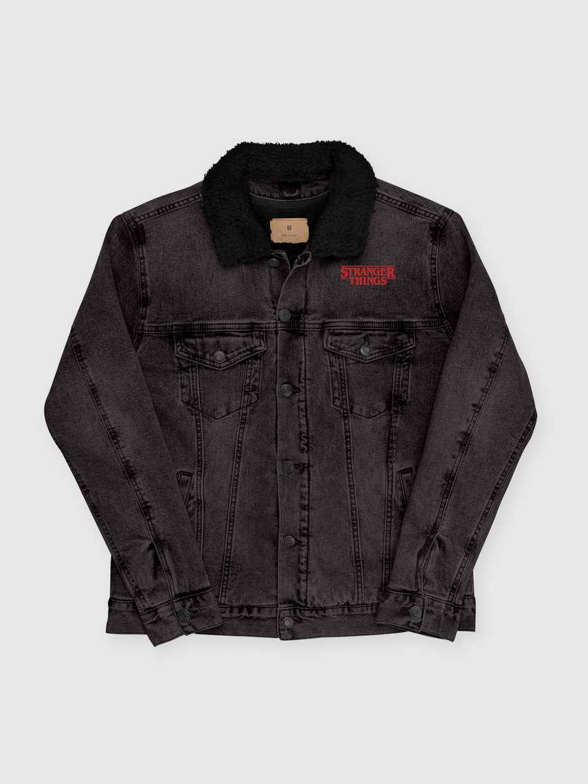 Black denim fleece shops jacket